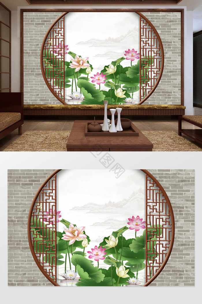 中式曲院风荷荷花框景背景墙图片