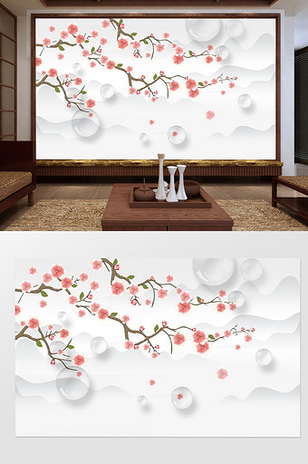 中式小清新粉红色花枝手绘山水画背景墙图片