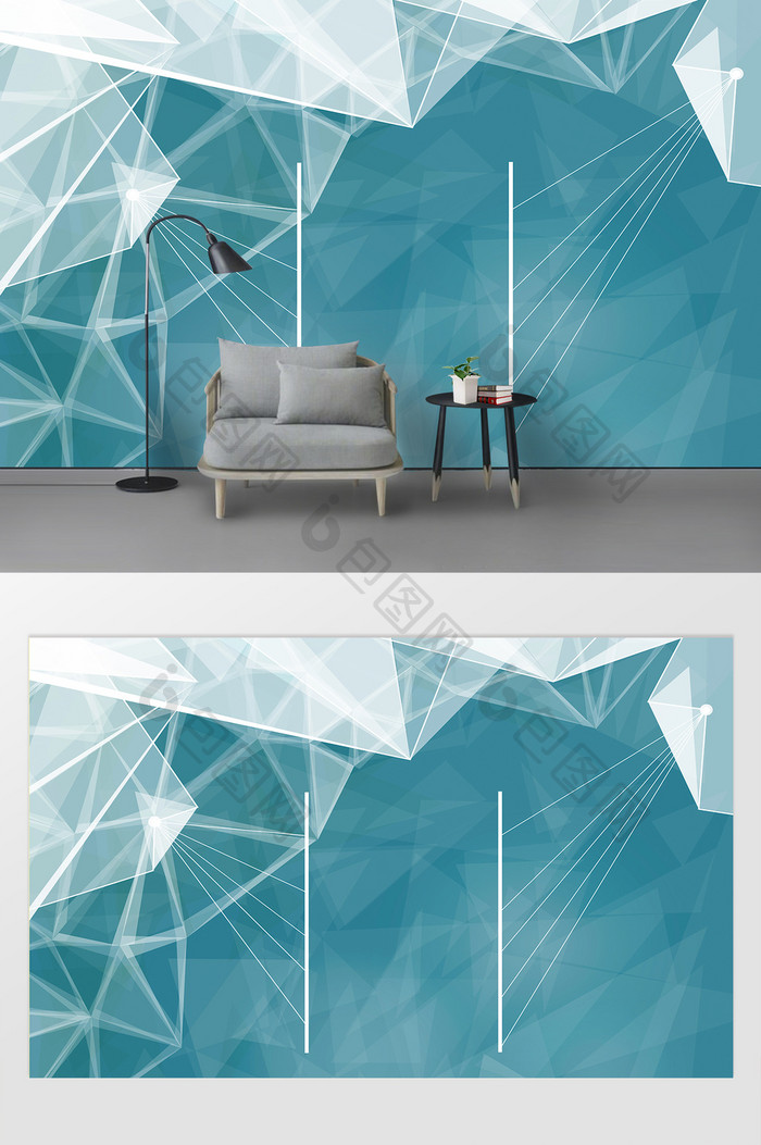 蓝色现代简约手绘几何图形电视背景墙