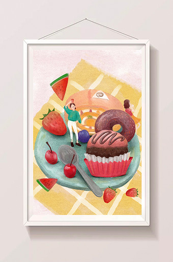 小清新唯美人物美食甜品蛋糕插画图片