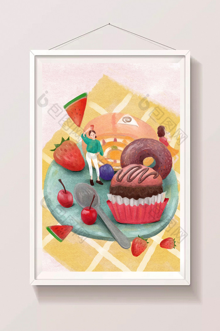 小清新唯美人物美食甜品蛋糕插画