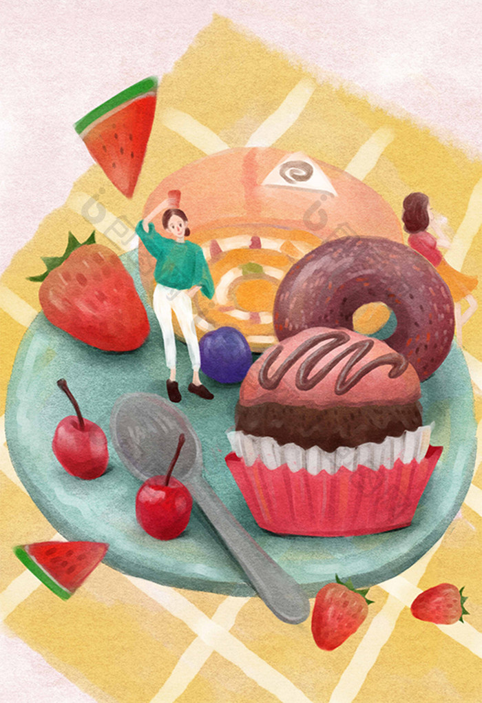 小清新唯美人物美食甜品蛋糕插画