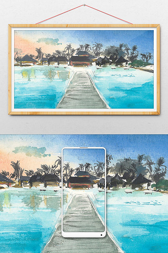 蓝色夏日房屋素材风景清新水彩手绘背景图片