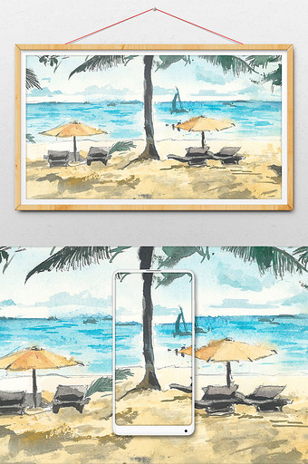 蓝色夏日热带素材风景清新水彩手绘背景图片