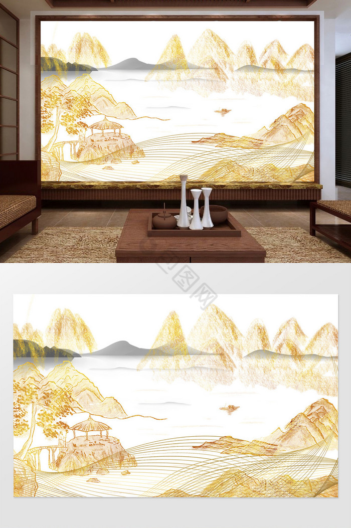 新中式金箔山水抽象线条背景墙图片