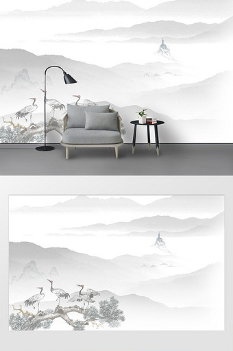新中式意境抽象水墨山水背景墙壁画图片