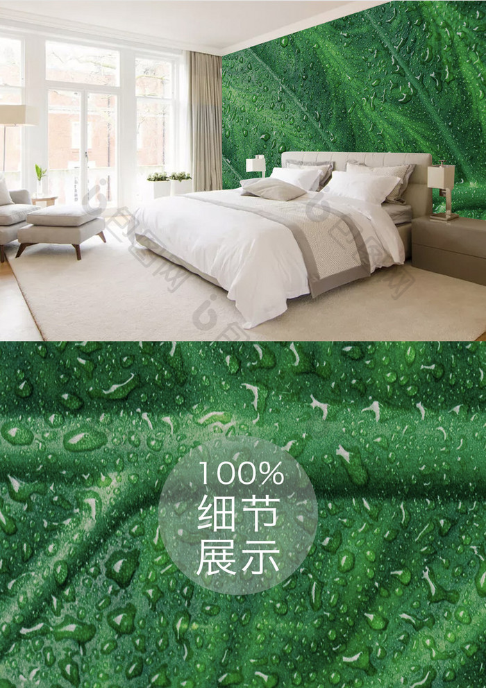 现代简约绿色清新植物带水滴背景墙