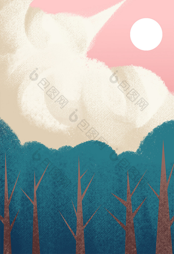 粉色扁平风格树林天空背景插画