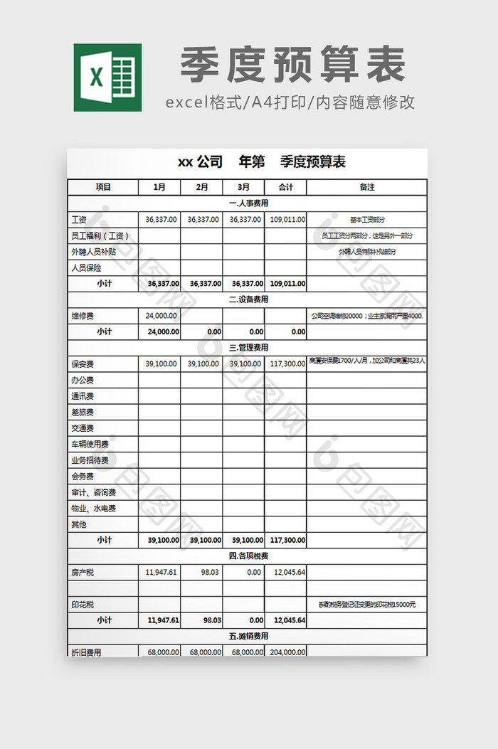 季度预算表excel模板