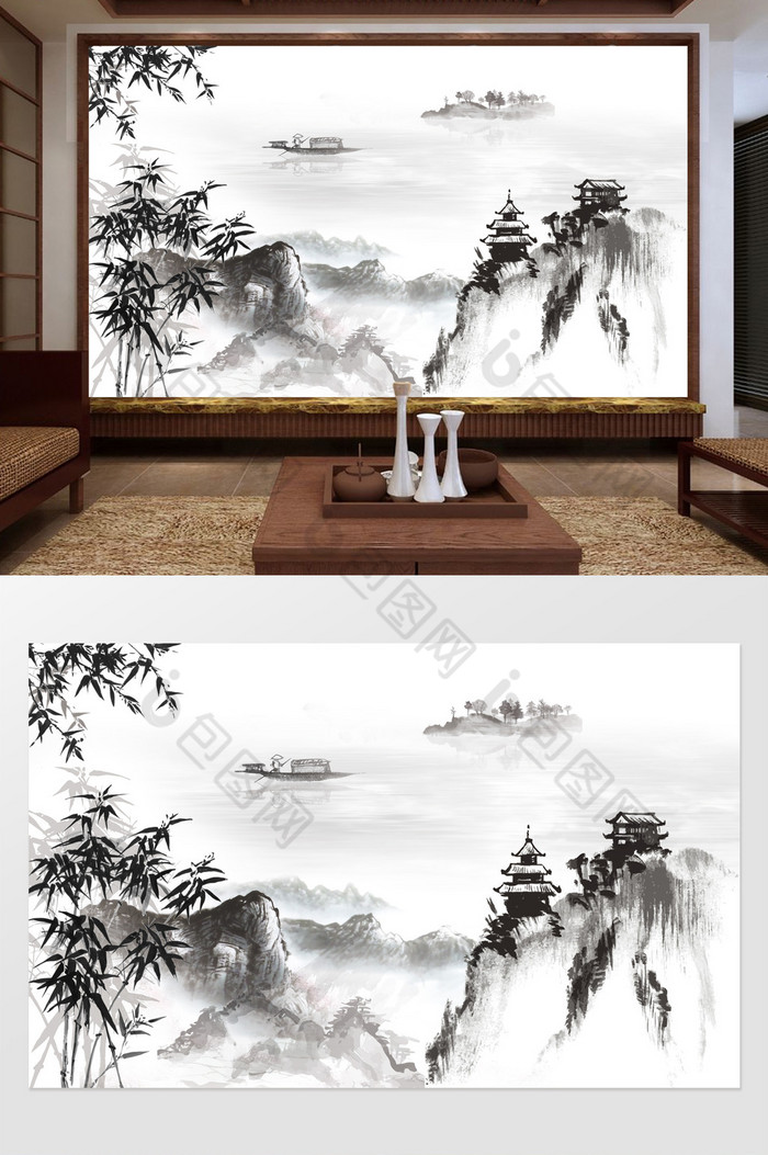 新中式竹子水墨山水电视背景墙图片图片