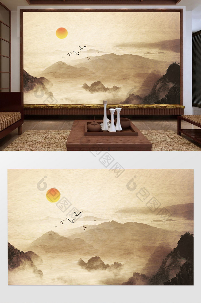 新中式诗意水墨高山群鸟远景背景墙装饰定制