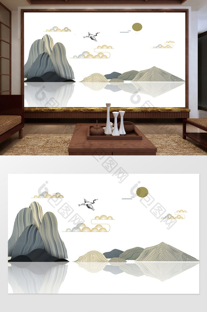 新中式诗意水墨抽象高山飞鸟背景墙装饰定制