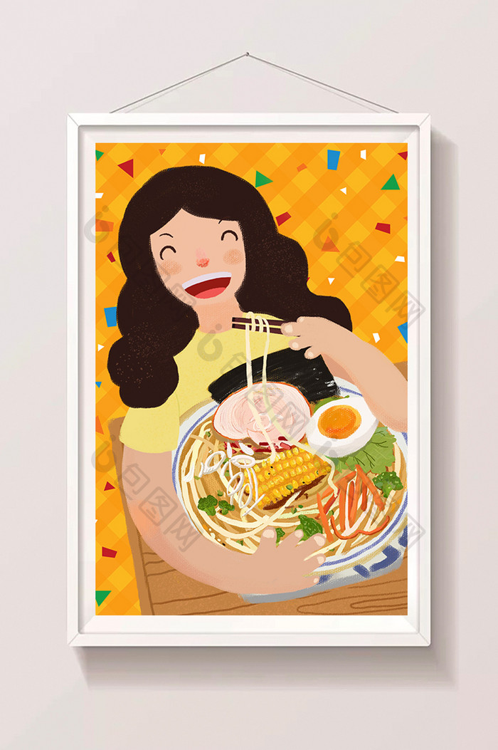 清新卡通少女吃日式拉面