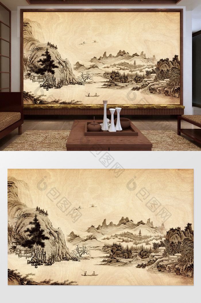 新中式诗意水墨高山远景背景墙装饰定制