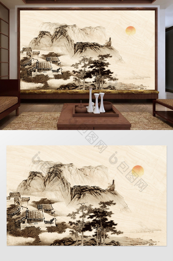新中式诗意水墨高山远景夕阳背景墙装饰定制