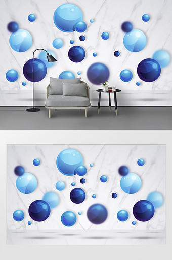 蓝色简约3d立体圆球大理石电视背景墙图片