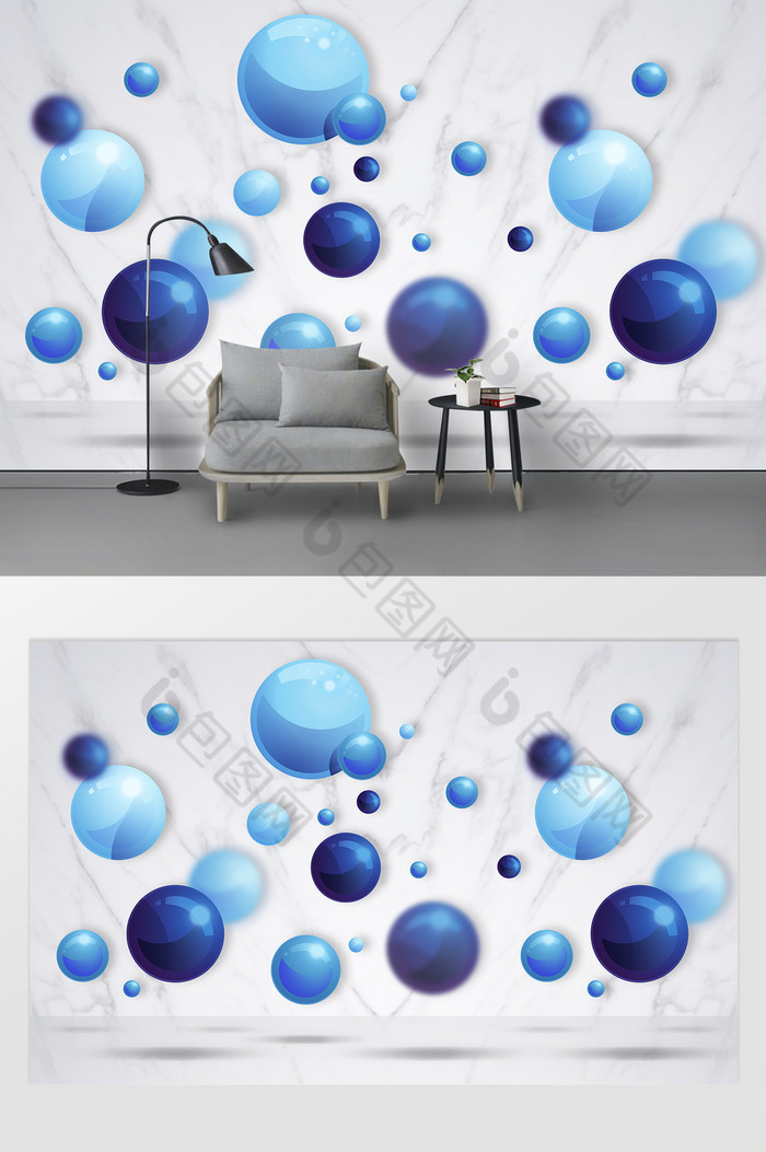 蓝色简约3d立体圆球大理石电视背景墙图片图片