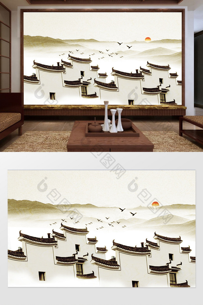 新中式诗意水墨徽派屋群飞鸟初阳背景墙装饰