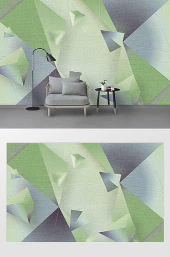 北欧简约布纹绿色3d几何电视背景墙图片