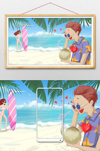 海边度假遇美女插画图片