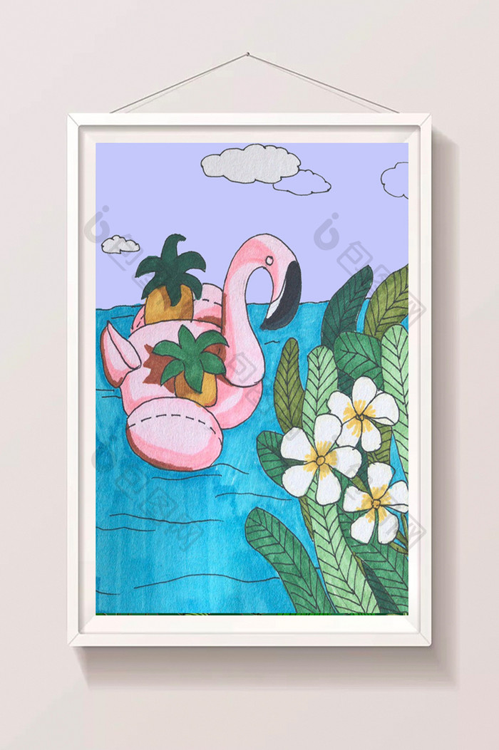 粉红手绘风火烈鸟泳圈海边插图