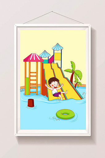 暑期儿童水上乐园滑水插画图片