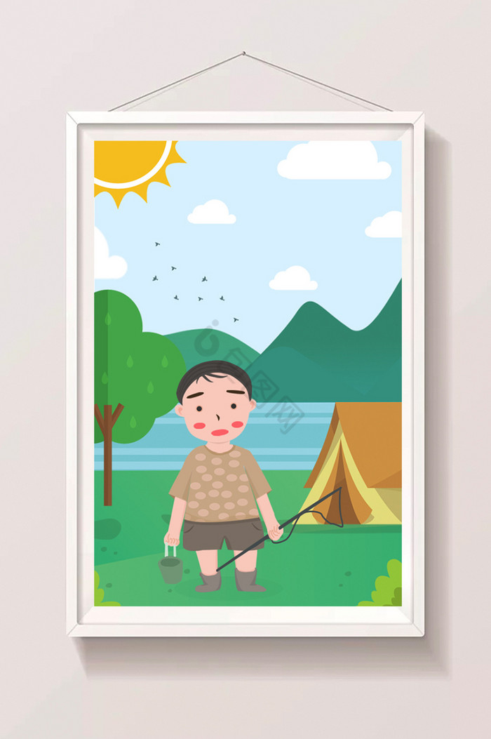 户外野营男孩钓鱼暑假生活插画图片