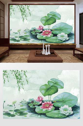 中式手绘水墨荷花电视背景墙图片