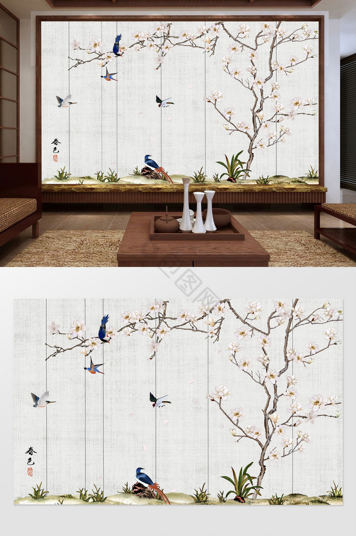 新中式手绘古风工笔花鸟背景墙图片
