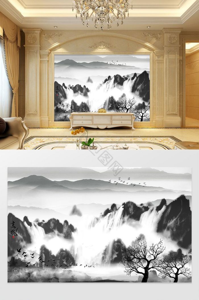 新中式水墨山水意境画电视背景墙图片