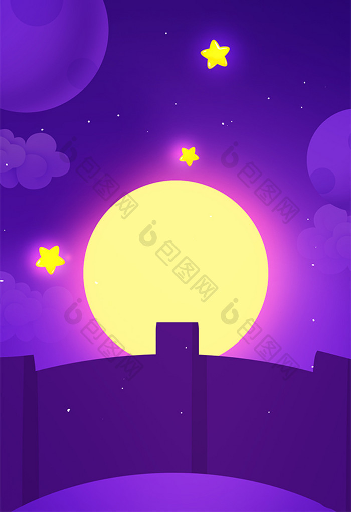 紫色卡通月亮星星石拱桥