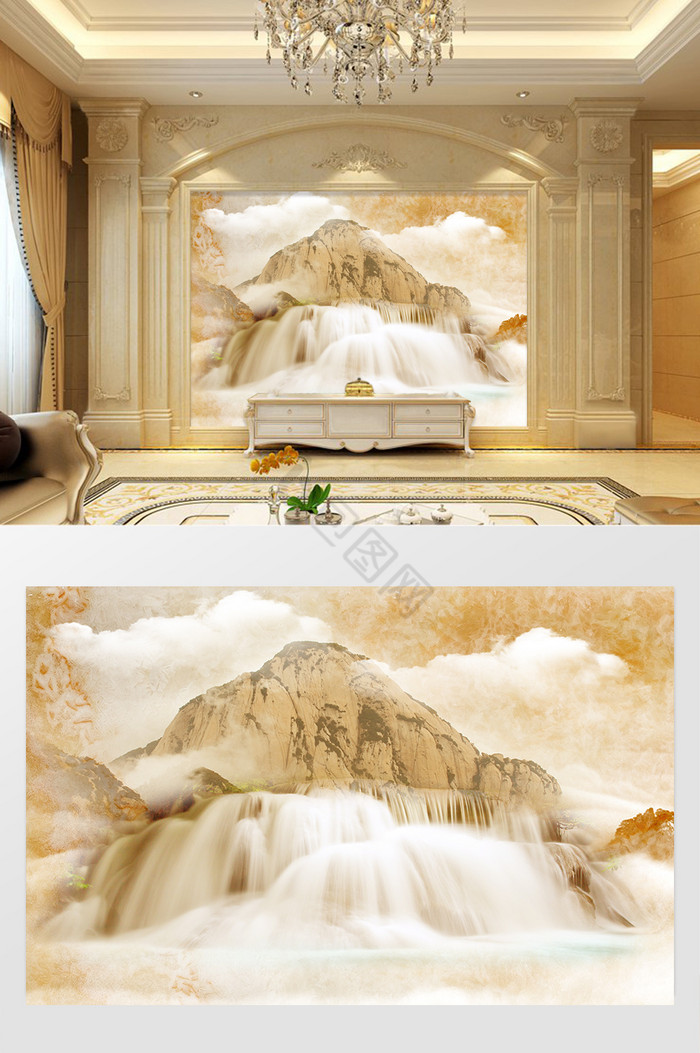 定制石纹大理石纹山水瀑布艺术背景墙图片