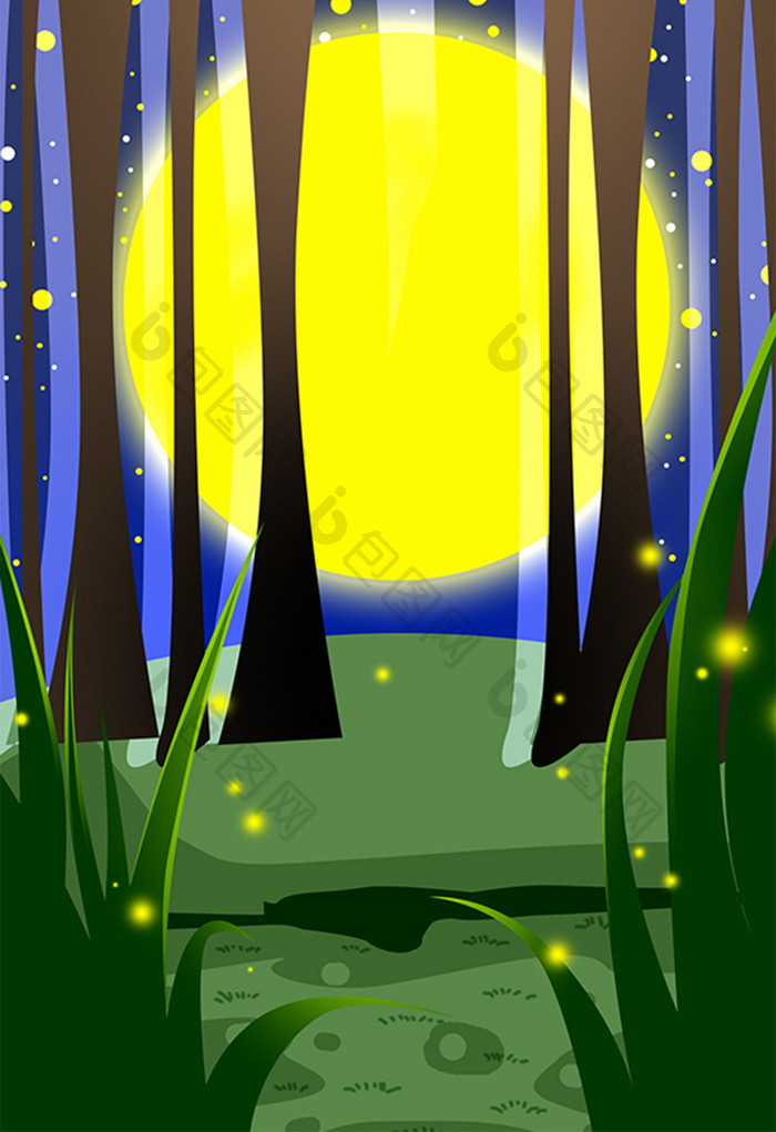 卡通手绘夜晚树林月亮