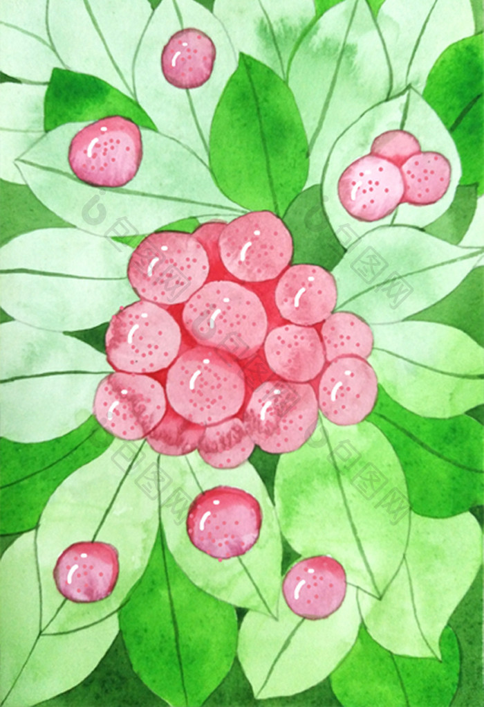 绿色手绘水彩小清新红果子背景