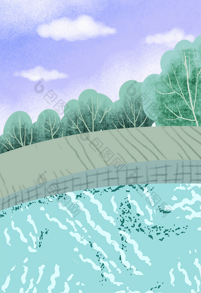 手绘水彩河边风景大树