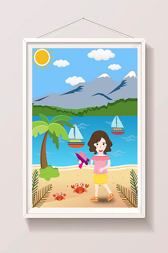 蓝色清新河边玩水枪女孩暑假生活插画图片