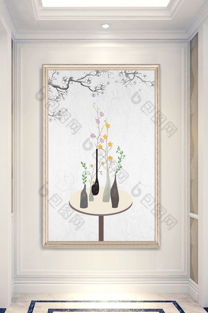 中式立体花瓶玄关背景墙