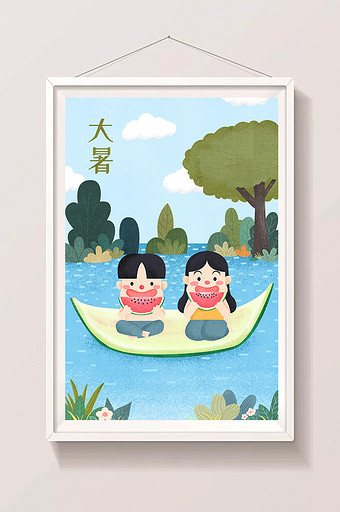 可爱大暑节气夏天小孩情侣湖水吃西瓜图片