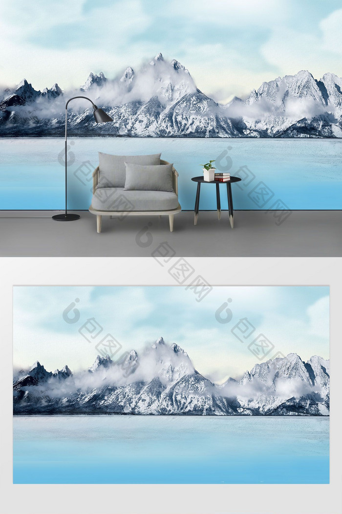 新中式雪山海景电视背景墙