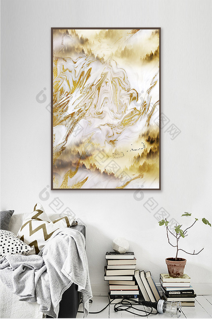 抽象金色金箔森林抽象风景简约北欧装饰画