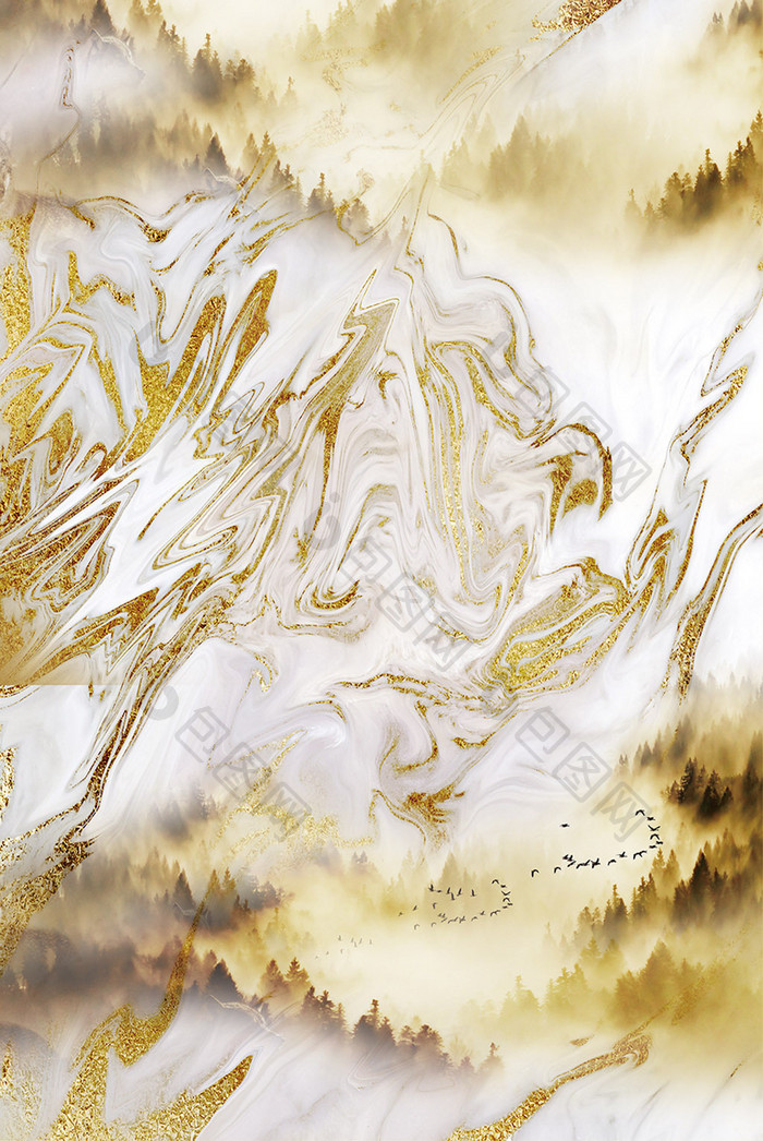 抽象金色金箔森林抽象风景简约北欧装饰画