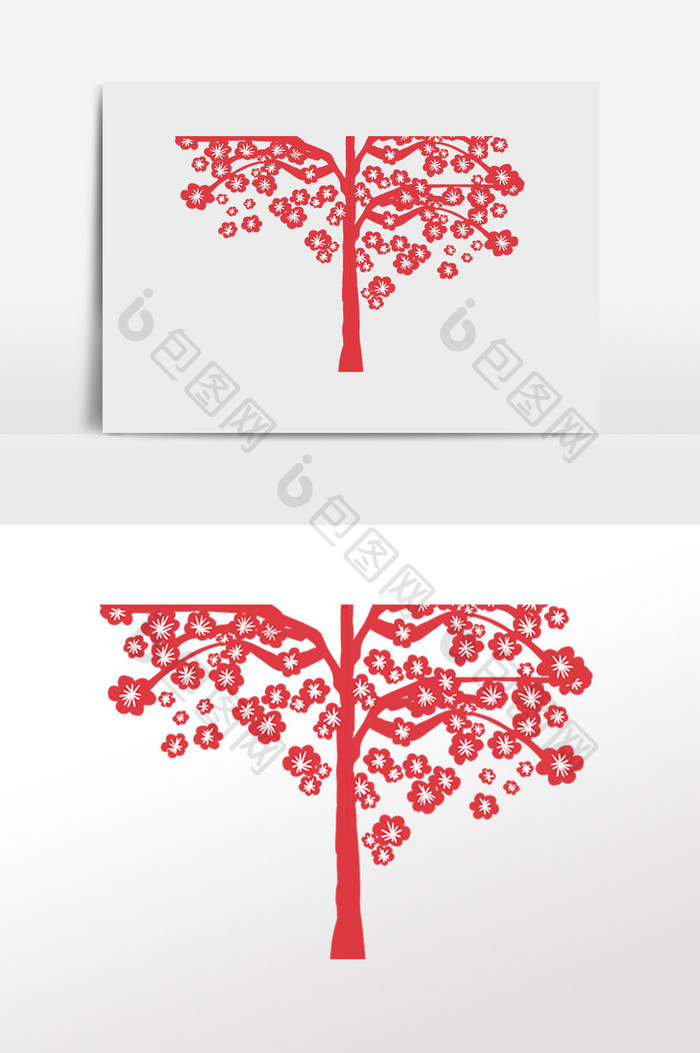 剪纸红色花树插画元素