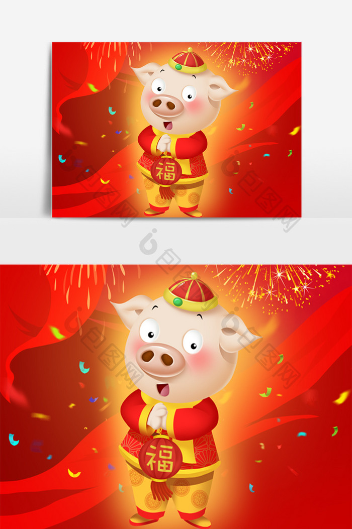 猪年卡通2019红色喜庆原创卡通福灯猪