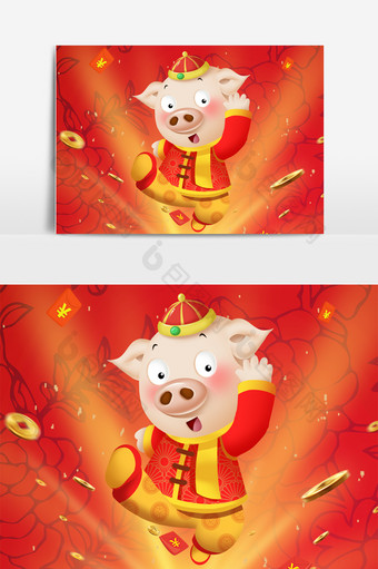猪年卡通2019红色喜庆原创卡通跳跃猪图片