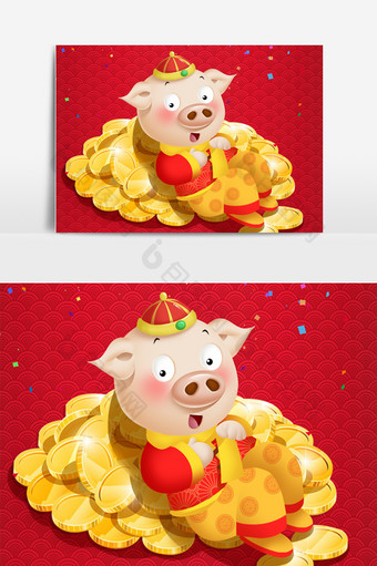 2019猪年猪年卡通2019红色喜庆原创卡通金币猪图片