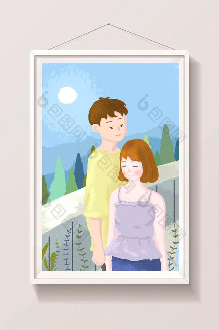 夏日傍晚情侣散步插画图片