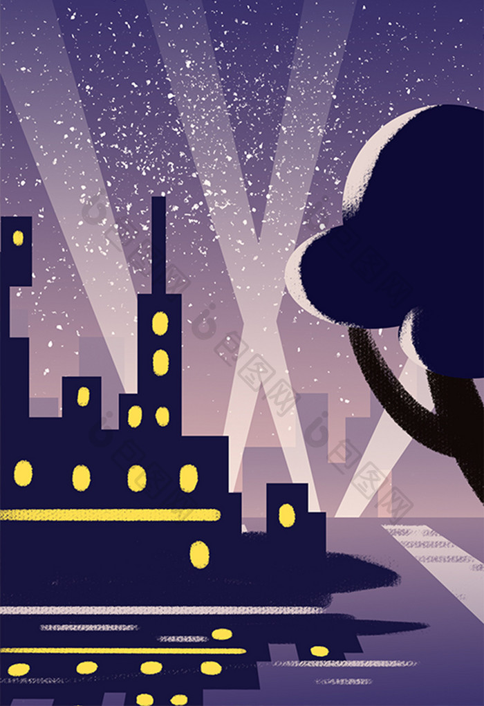紫色扁平风格城市灯光背景插画