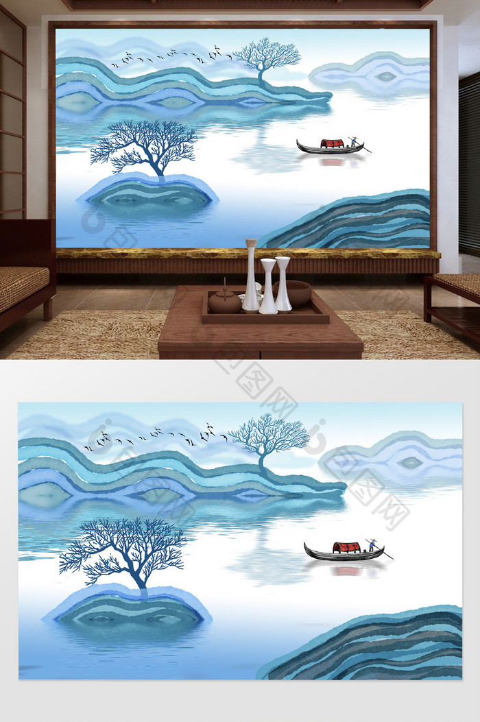 新中式蓝色意境水墨山水背景墙.
