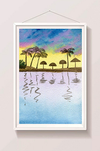 蓝色椰子清新海边背景风景水彩手绘夏日背景图片
