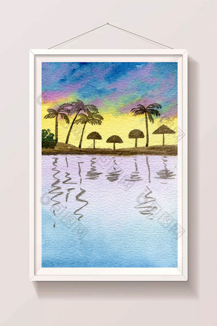 蓝色椰子清新海边背景风景水彩手绘夏日背景